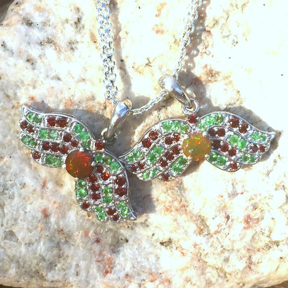 .925 Silver Opal, Tsavorite & Red Garnet Wings Pendant Angel Natural - Picture 5 of 16